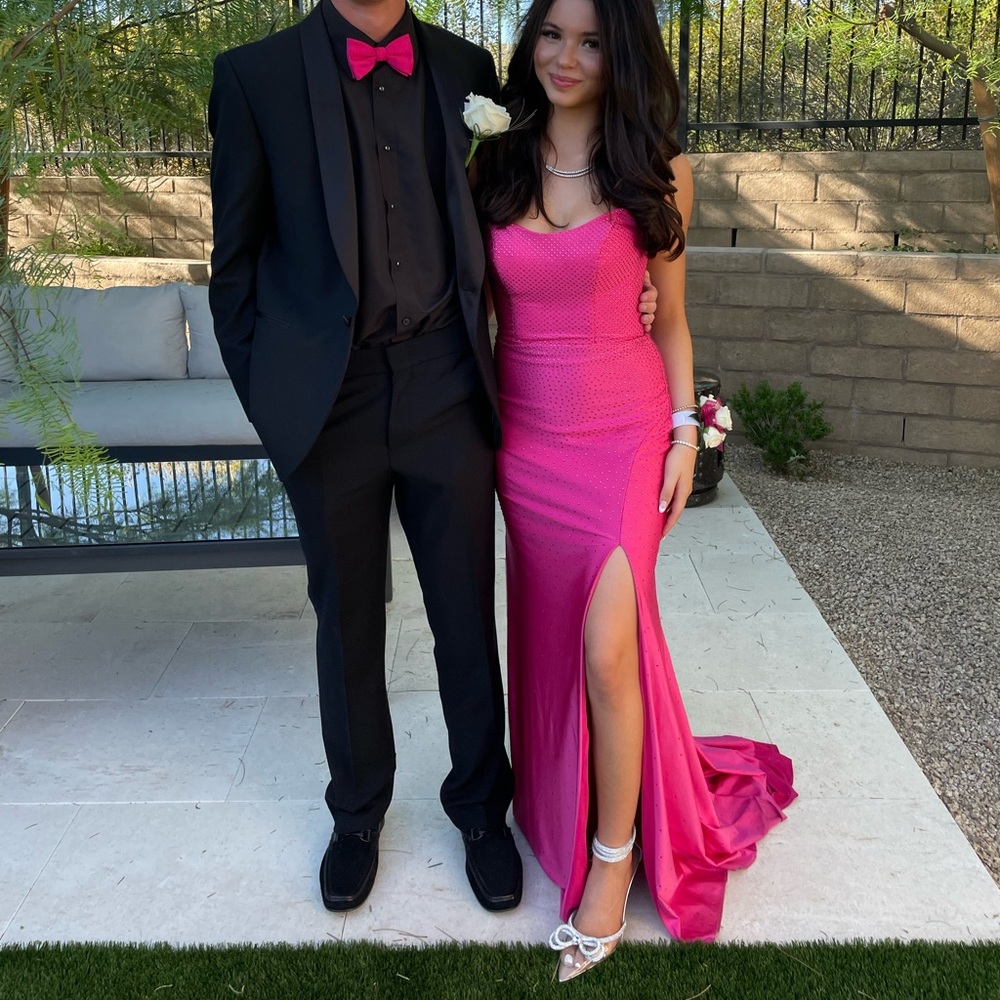 Hot pink rhinestoned prom dress:) Still could be worn to a nice event!